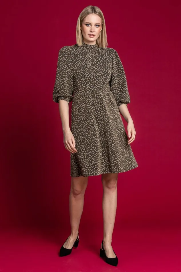 Gold Shimmer Leopard Print Fit and Flare Dress Women Roman Dresses
