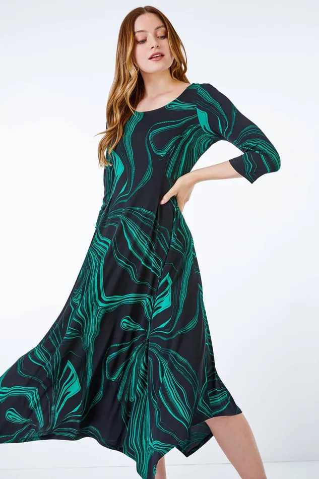 Green Abstract Marble Print Midi Dress Women Roman Dresses