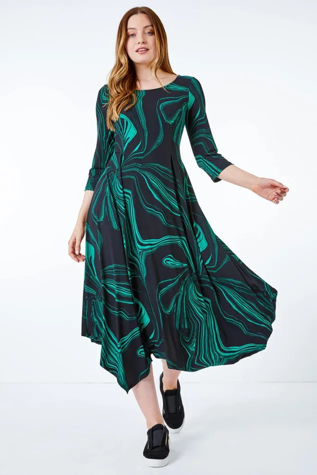 Green Abstract Marble Print Midi Dress Women Roman Dresses