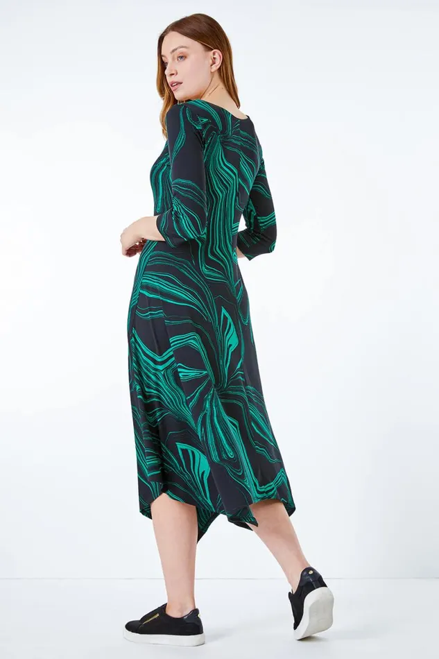 Green Abstract Marble Print Midi Dress Women Roman Dresses