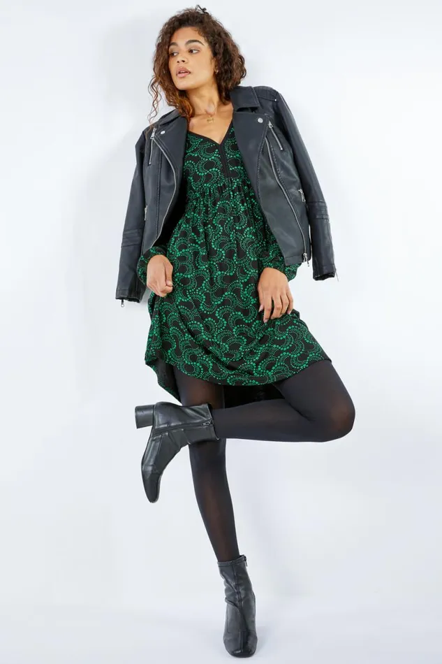 Green Abstract Spiral Print Dress Women Roman Dresses