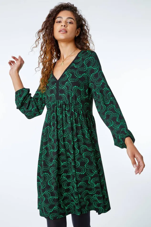 Green Abstract Spiral Print Dress Women Roman Dresses