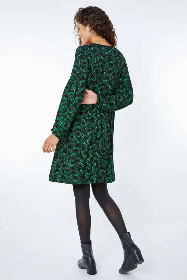 Green Abstract Spiral Print Dress Women Roman Dresses
