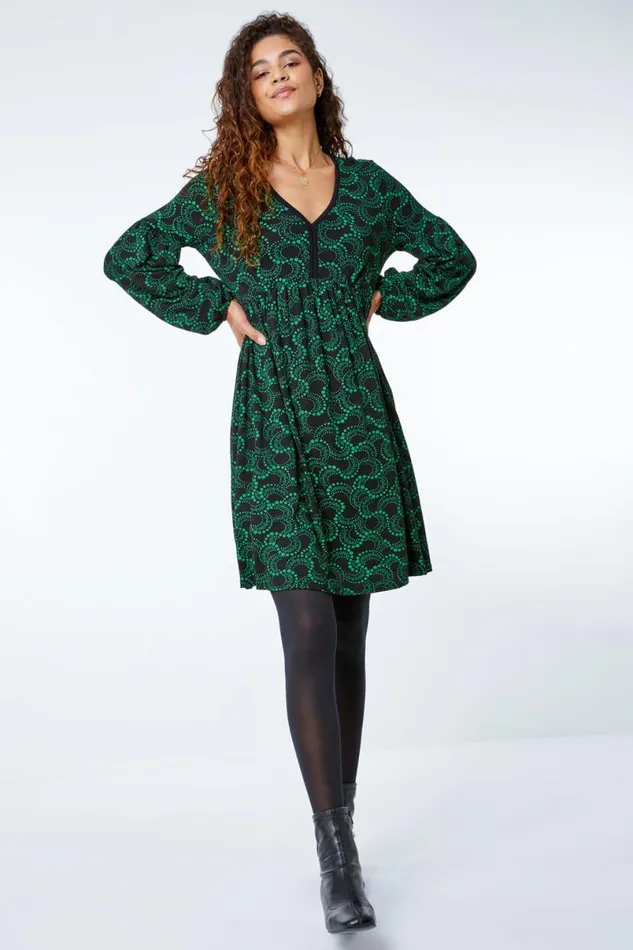 Green Abstract Spiral Print Dress Women Roman Dresses