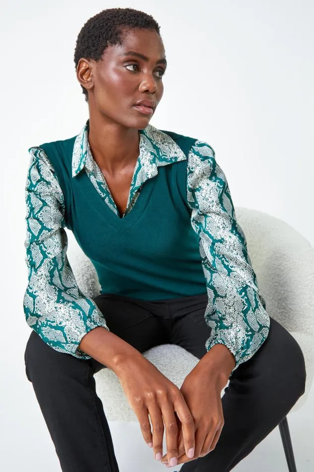 Green Animal Print 2 In 1 Jumper Shirt Women Roman Tops