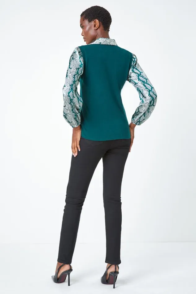 Green Animal Print 2 In 1 Jumper Shirt Women Roman Tops