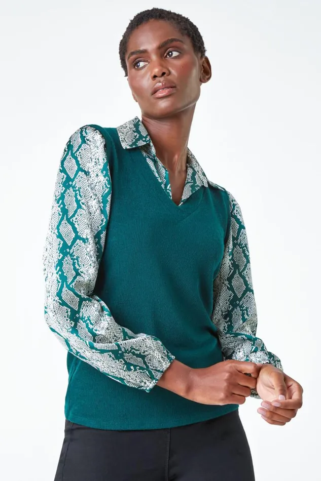 Green Animal Print 2 In 1 Jumper Shirt Women Roman Tops