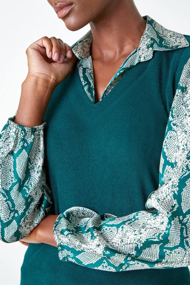 Green Animal Print 2 In 1 Jumper Shirt Women Roman Tops