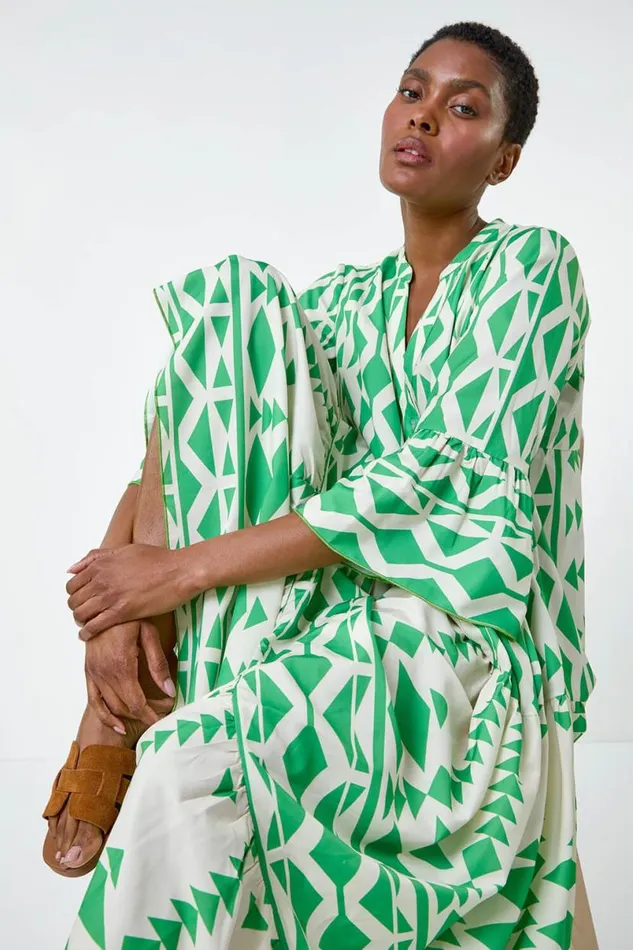 Green Aztec Print Tiered Midi Smock Dress Women Roman Dresses