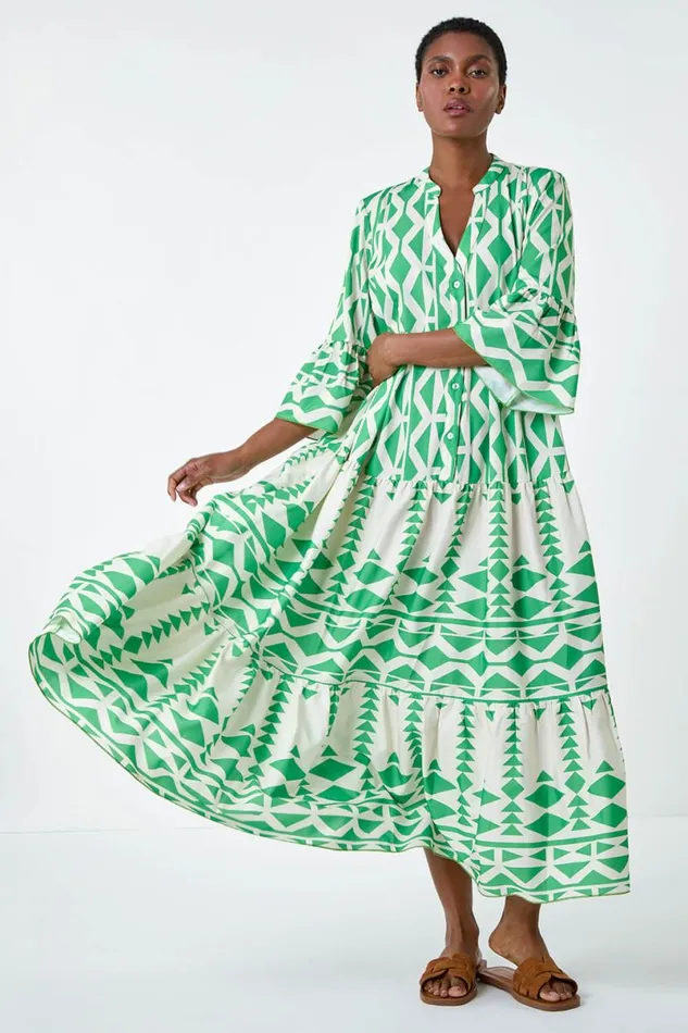 Green Aztec Print Tiered Midi Smock Dress Women Roman Dresses