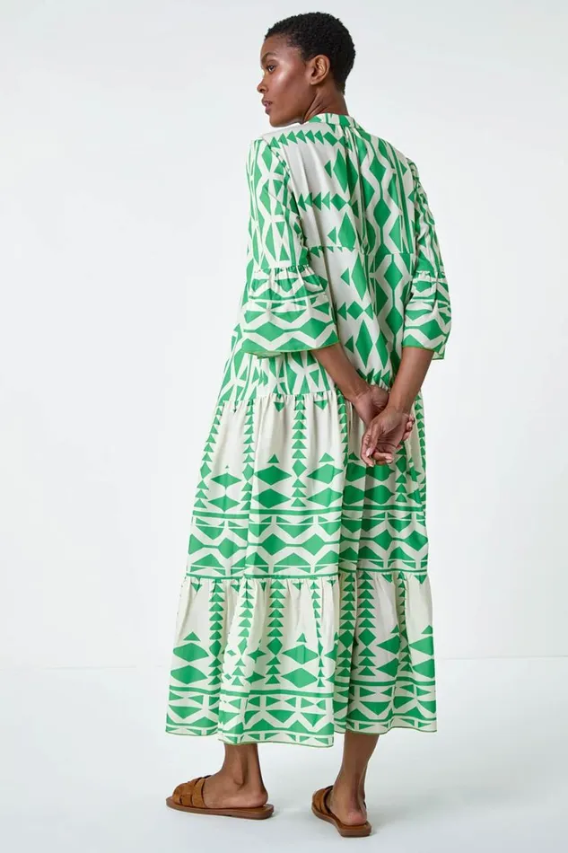 Green Aztec Print Tiered Midi Smock Dress Women Roman Dresses