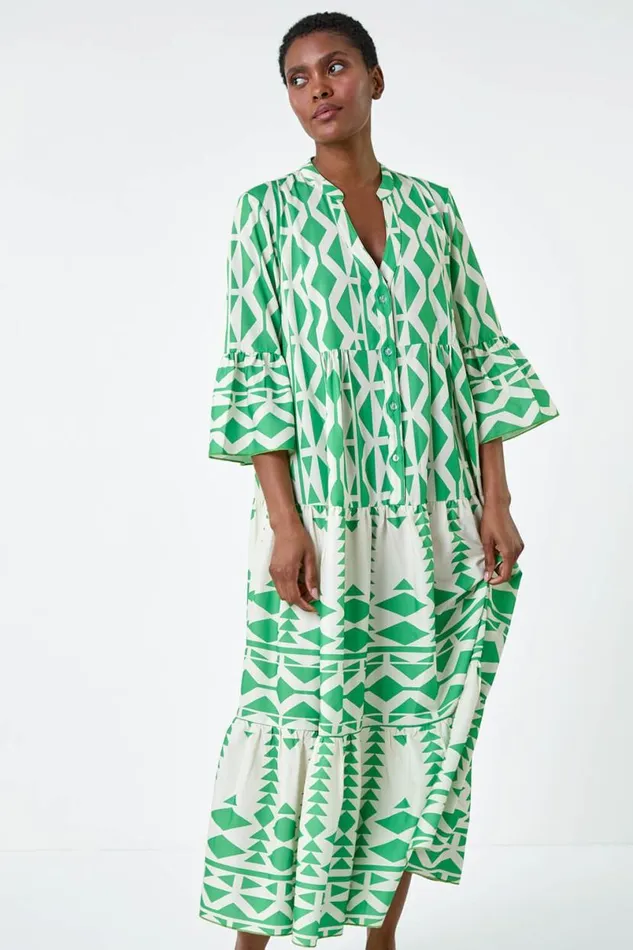 Green Aztec Print Tiered Midi Smock Dress Women Roman Dresses