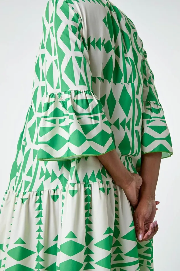 Green Aztec Print Tiered Midi Smock Dress Women Roman Dresses