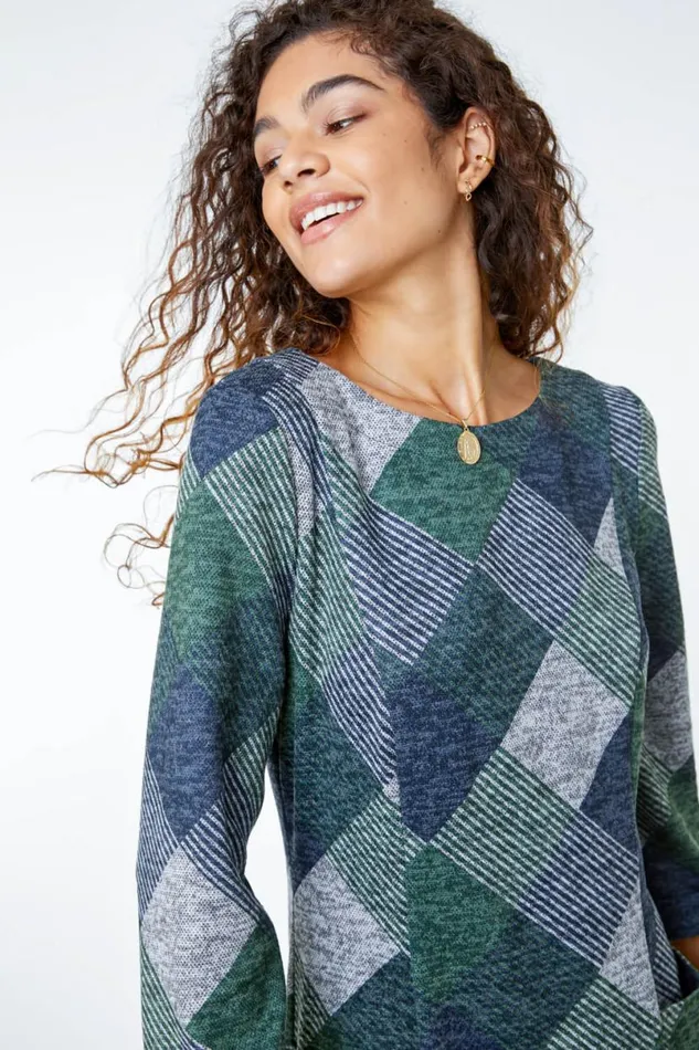Green Check Print Pocket Shift Dress Women Roman Dresses