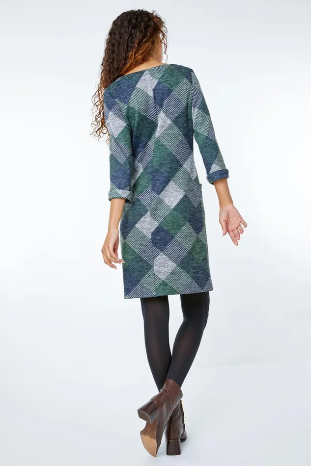 Green Check Print Pocket Shift Dress Women Roman Dresses