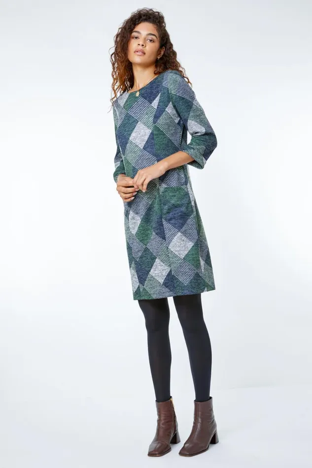 Green Check Print Pocket Shift Dress Women Roman Dresses