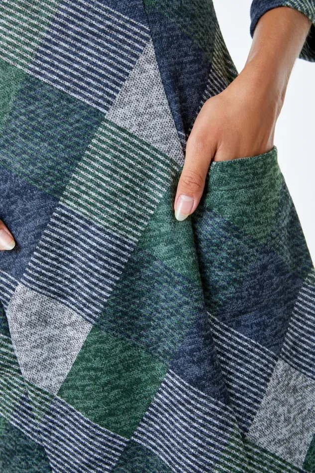 Green Check Print Pocket Shift Dress Women Roman Dresses