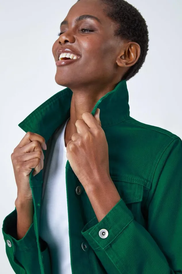 Green Classic Cotton Denim Jacket Women Roman Jackets