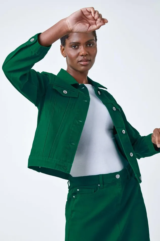 Green Classic Cotton Denim Jacket Women Roman Jackets