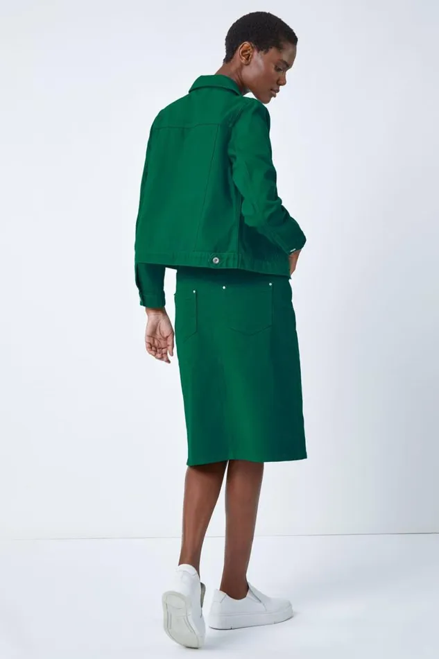 Green Classic Cotton Denim Jacket Women Roman Jackets