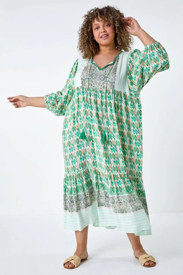 Green Curve Boho Print Tiered Midi Dress Women Roman Dresses