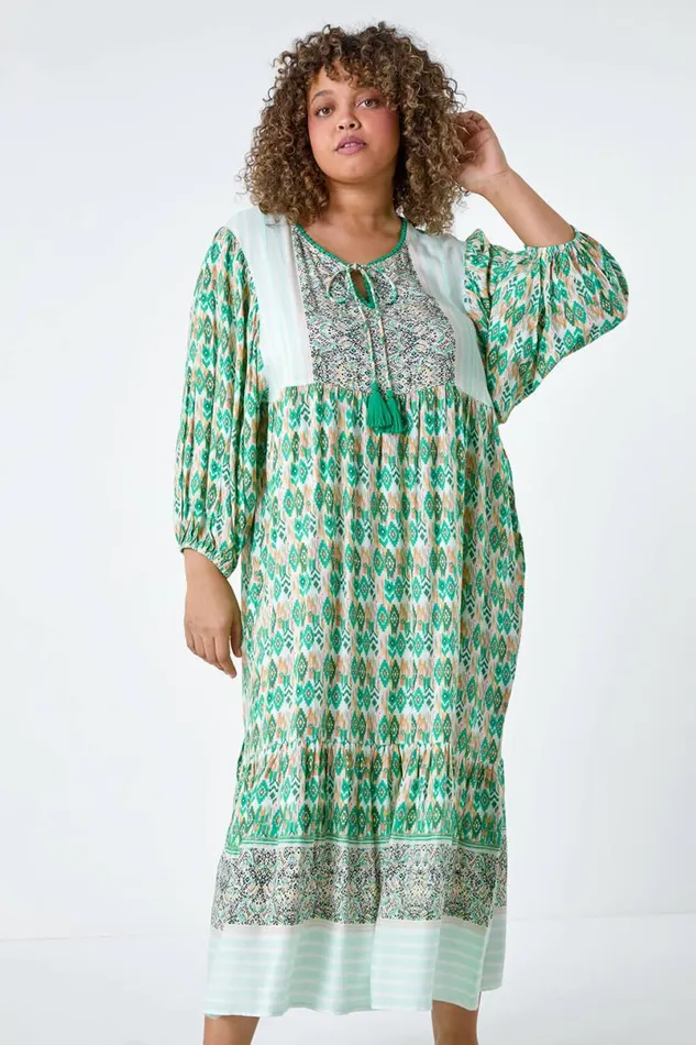 Green Curve Boho Print Tiered Midi Dress Women Roman Dresses