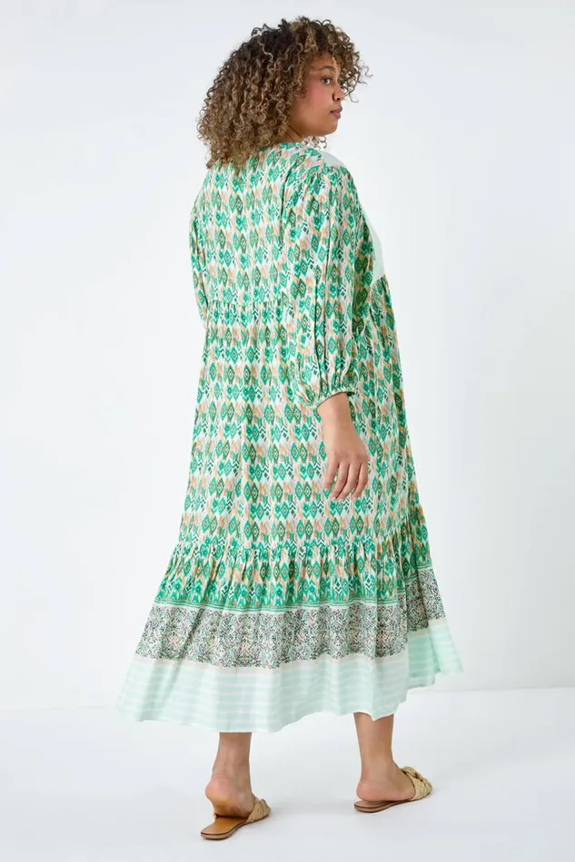 Green Curve Boho Print Tiered Midi Dress Women Roman Dresses