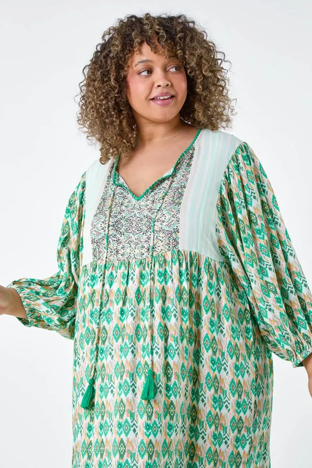 Green Curve Boho Print Tiered Midi Dress Women Roman Dresses