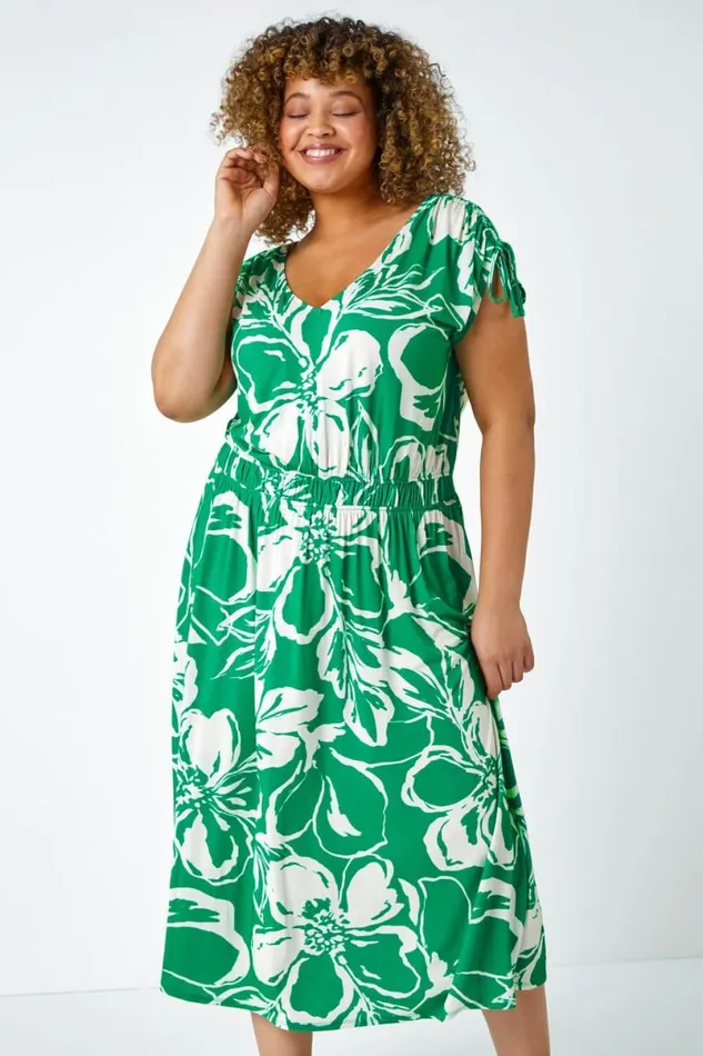 Green Curve Floral Print Ruched Stretch Midi Dress Women Roman Dresses