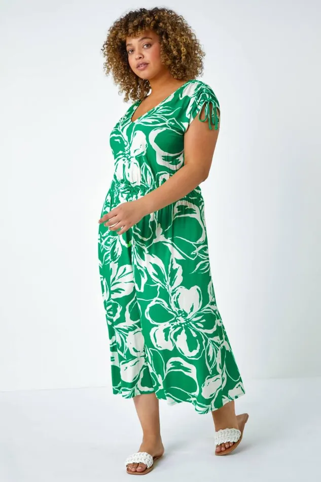 Green Curve Floral Print Ruched Stretch Midi Dress Women Roman Dresses