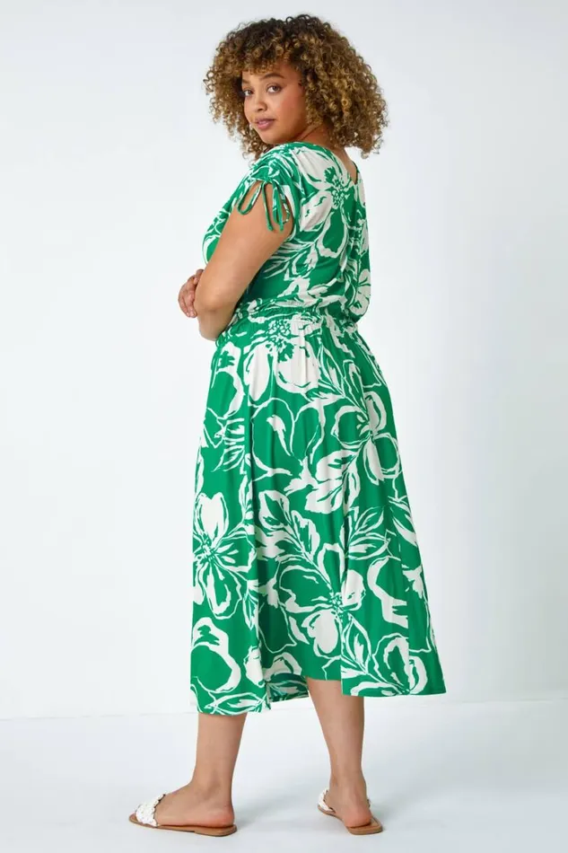 Green Curve Floral Print Ruched Stretch Midi Dress Women Roman Dresses