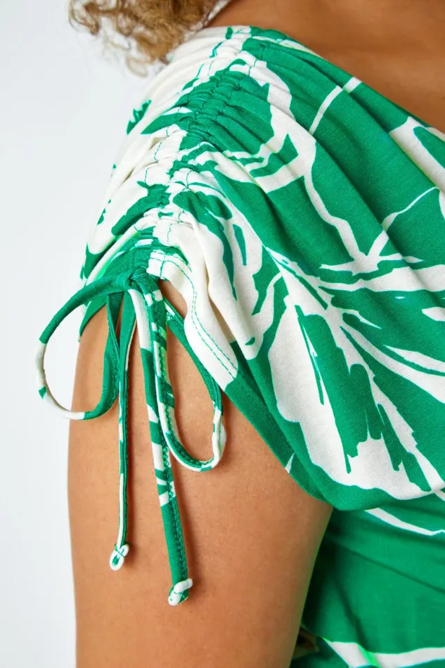 Green Curve Floral Print Ruched Stretch Midi Dress Women Roman Dresses