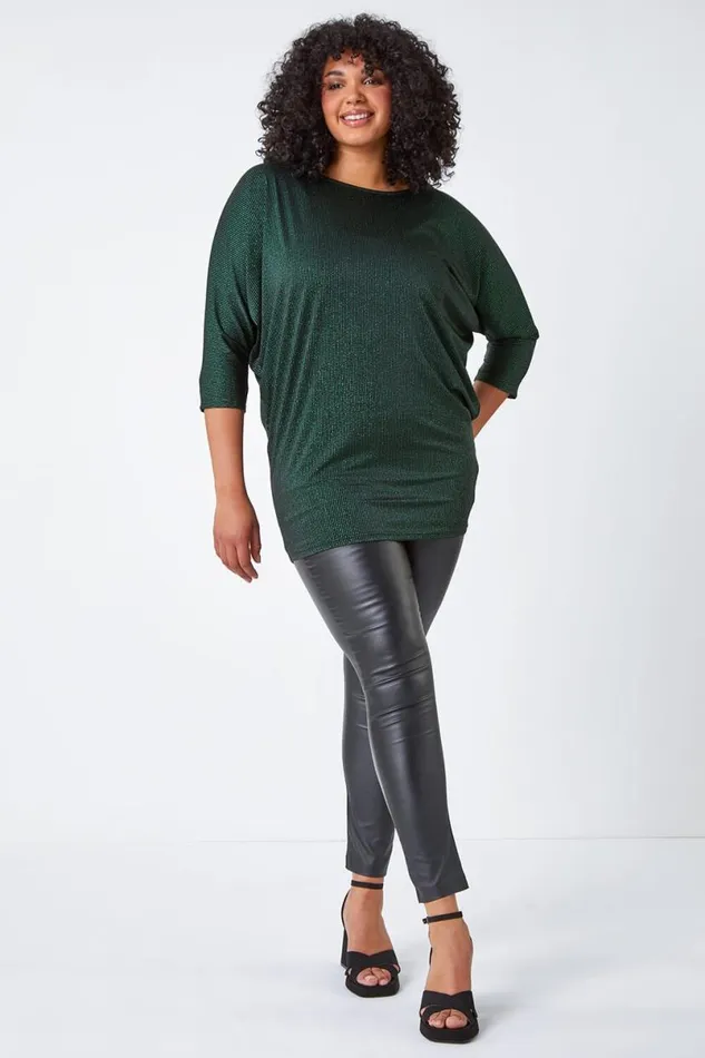 Green Curve Glitter Stripe Blouson Stretch Top Women Roman Tops