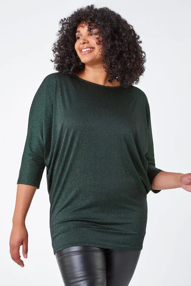 Green Curve Glitter Stripe Blouson Stretch Top Women Roman Tops