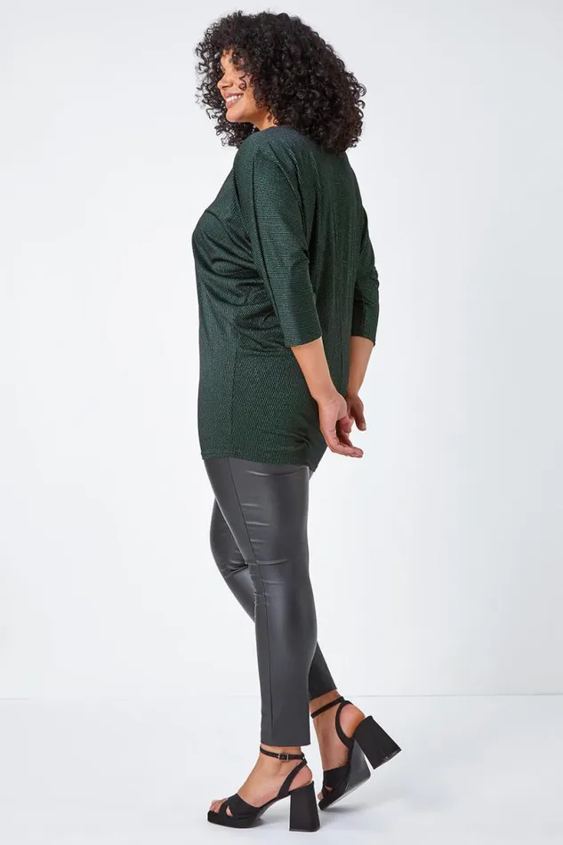 Green Curve Glitter Stripe Blouson Stretch Top Women Roman Tops