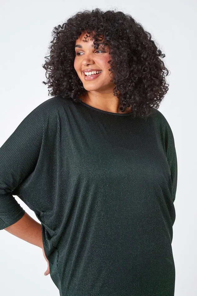 Green Curve Glitter Stripe Blouson Stretch Top Women Roman Tops