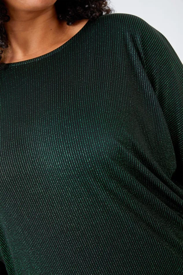 Green Curve Glitter Stripe Blouson Stretch Top Women Roman Tops