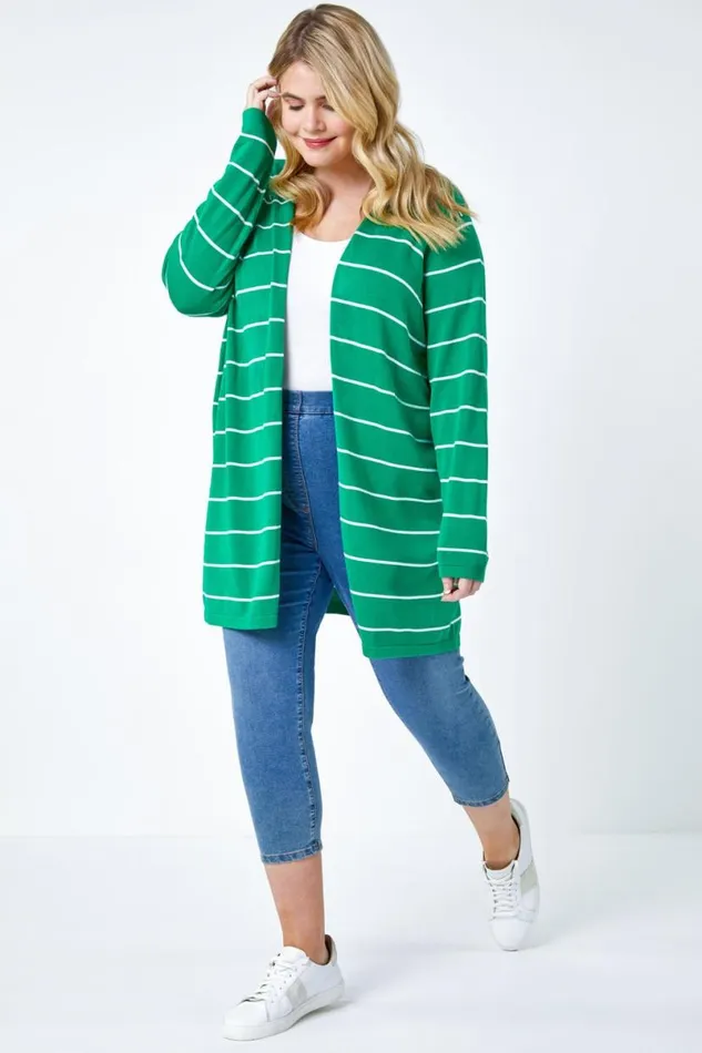 Green Curve Stripe Cotton Blend Longline Cardigan Women Roman Knitwear