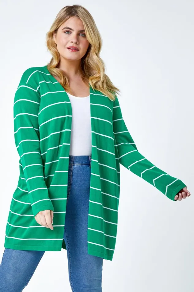 Green Curve Stripe Cotton Blend Longline Cardigan Women Roman Knitwear