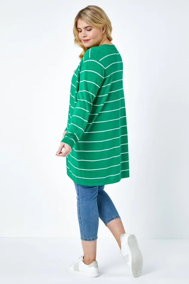 Green Curve Stripe Cotton Blend Longline Cardigan Women Roman Knitwear