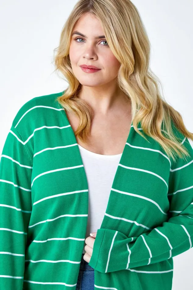 Green Curve Stripe Cotton Blend Longline Cardigan Women Roman Knitwear
