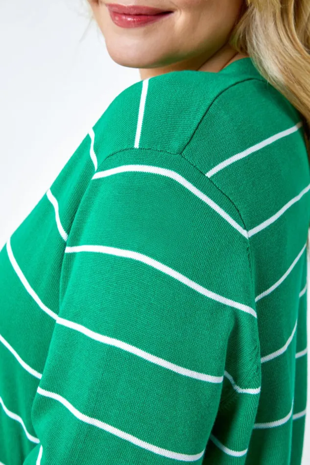 Green Curve Stripe Cotton Blend Longline Cardigan Women Roman Knitwear