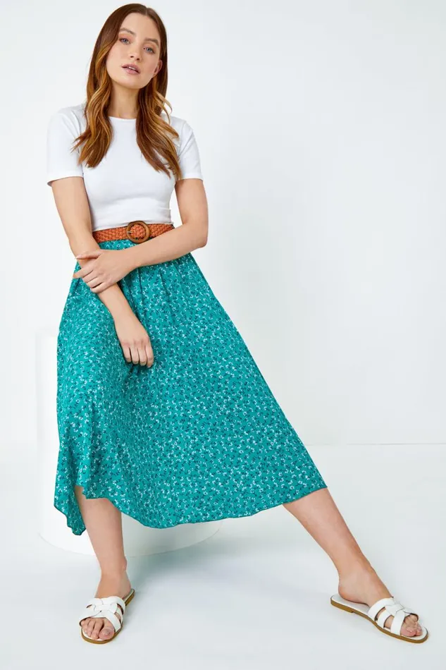 Green Ditsy Floral Print Belted Midi Skirt Women Roman Skirts