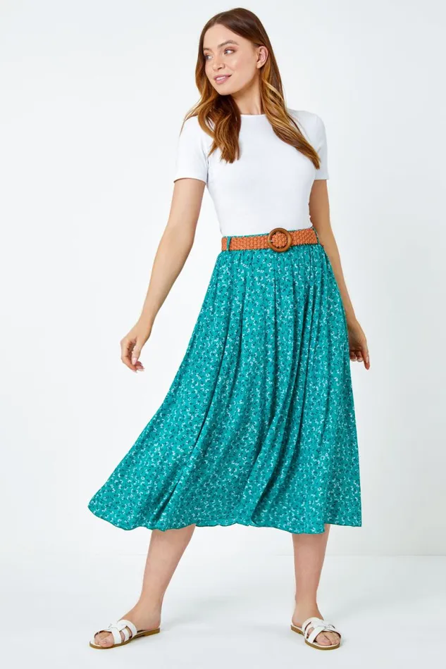 Green Ditsy Floral Print Belted Midi Skirt Women Roman Skirts