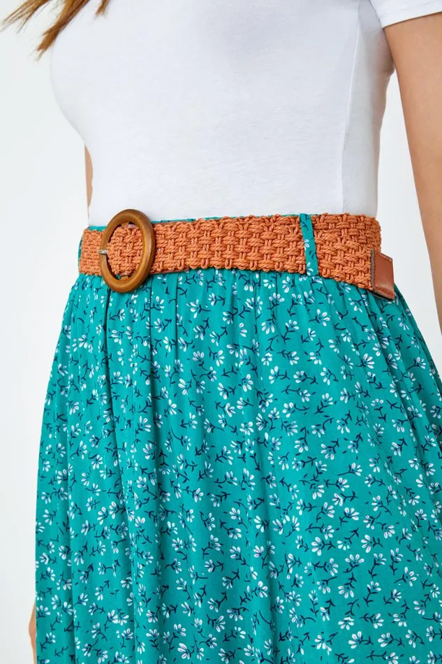Green Ditsy Floral Print Belted Midi Skirt Women Roman Skirts