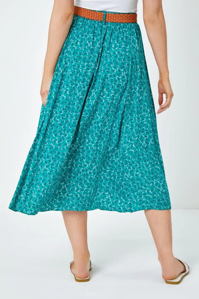 Green Ditsy Floral Print Belted Midi Skirt Women Roman Skirts