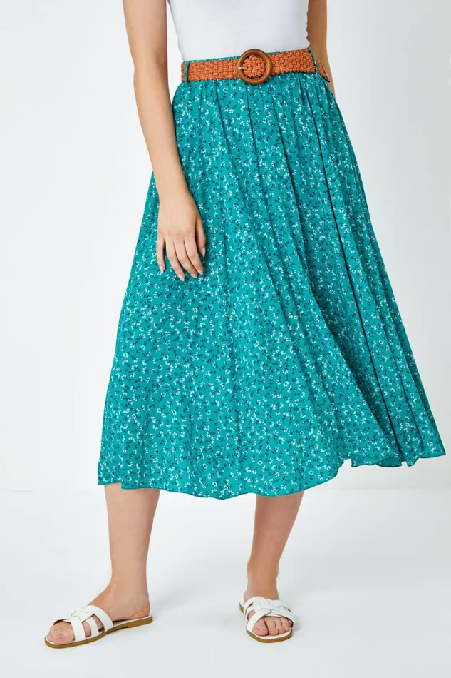 Green Ditsy Floral Print Belted Midi Skirt Women Roman Skirts