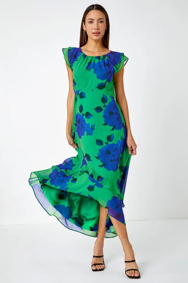 Green Floral Frill Detail Chiffon Midi Dress Women Roman Dresses