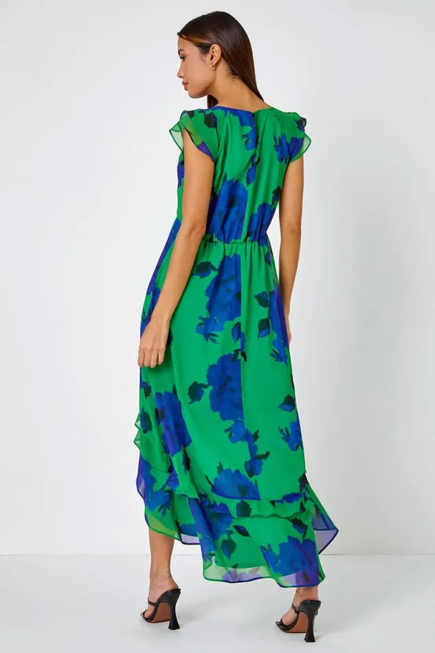 Green Floral Frill Detail Chiffon Midi Dress Women Roman Dresses