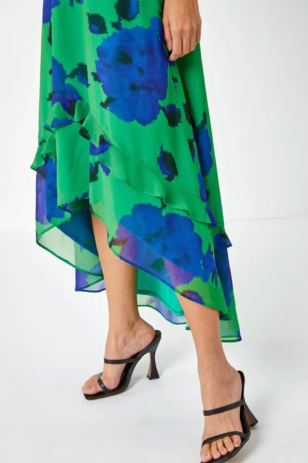 Green Floral Frill Detail Chiffon Midi Dress Women Roman Dresses